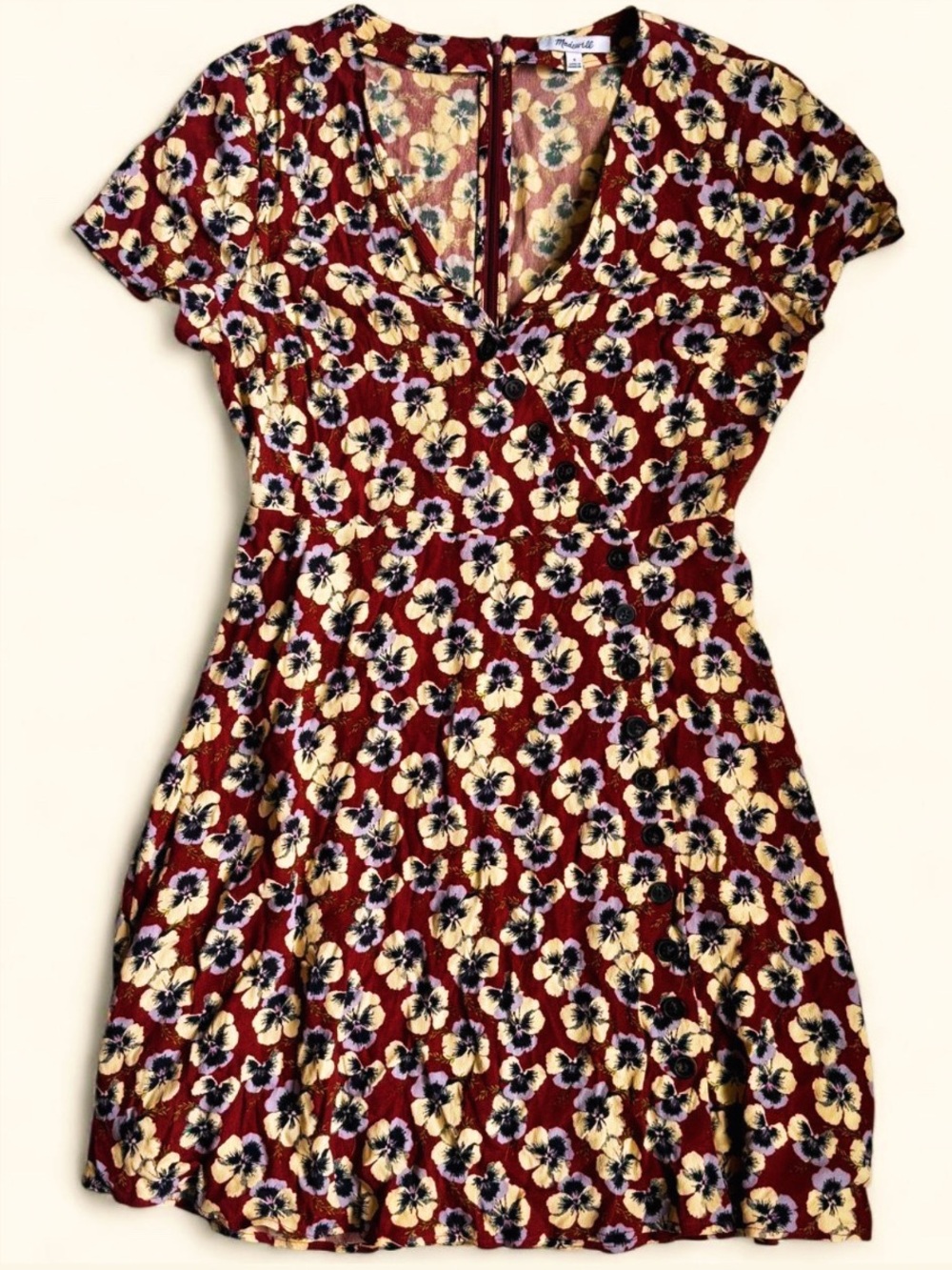 Madewell Floral V-Neck Short Sleeve Dress in Burgundy